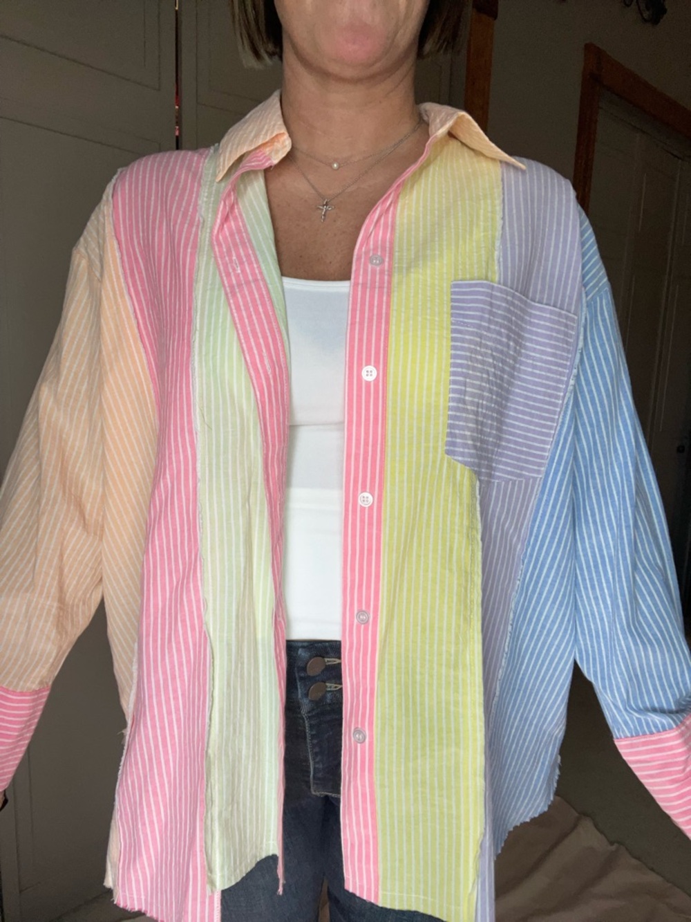 Davi & Dani Pastel Multi-Stripe Button-Up Shirt - Pink, Yellow, Peach, Lavender